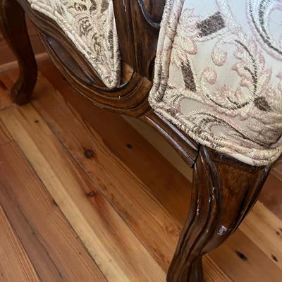 Sale Photo Thumbnail #185: Pair of 20th C. upholstered armchairs; approx. 20" (seat) x 27" x 27", 42" H back; wear and losses to legs from use