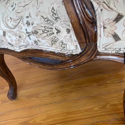 Sale Photo Thumbnail #188: Pair of 20th C. upholstered armchairs; approx. 20" (seat) x 27" x 27", 42" H back; wear and losses to legs from use