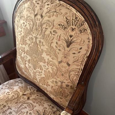 Sale Photo Thumbnail #184: Pair of 20th C. upholstered armchairs; approx. 20" (seat) x 27" x 27", 42" H back; wear and losses to legs from use