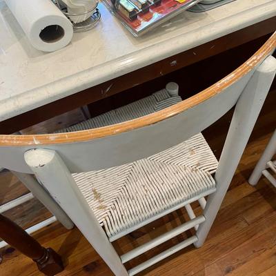 Sale Photo Thumbnail #199: Four painted counter-height rush seat bar chairs; approx. 24" seat, 38" back x 18" W. x 14 D.; wear from use