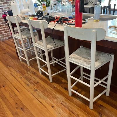 Sale Photo Thumbnail #196: Four painted counter-height rush seat bar chairs; approx. 24" seat, 38" back x 18" W. x 14 D.; wear from use