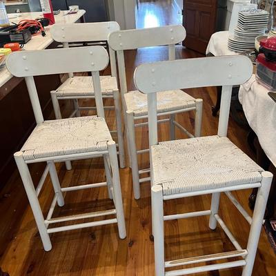 Sale Photo Thumbnail #195: Four painted counter-height rush seat bar chairs; approx. 24" seat, 38" back x 18" W. x 14 D.; wear from use