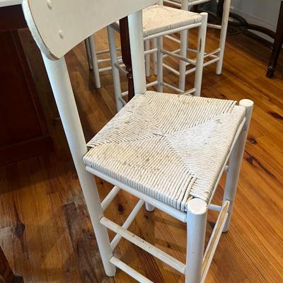 Sale Photo Thumbnail #198: Four painted counter-height rush seat bar chairs; approx. 24" seat, 38" back x 18" W. x 14 D.; wear from use