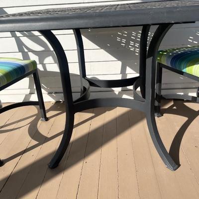 Sale Photo Thumbnail #204: O.W. Lee cast aluminum patio dinette table w/ two chairs; table 29" x 34"; chairs 19" seat w/cushion, 38" back x 19" W x 24 D