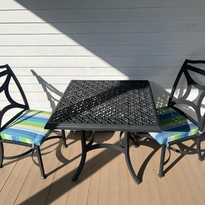 Sale Photo Thumbnail #202: O.W. Lee cast aluminum patio dinette table w/ two chairs; table 29" x 34"; chairs 19" seat w/cushion, 38" back x 19" W x 24 D