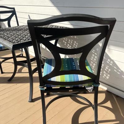 Sale Photo Thumbnail #206: O.W. Lee cast aluminum patio dinette table w/ two chairs; table 29" x 34"; chairs 19" seat w/cushion, 38" back x 19" W x 24 D