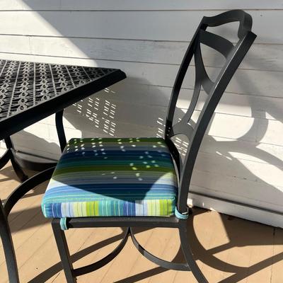 Sale Photo Thumbnail #205: O.W. Lee cast aluminum patio dinette table w/ two chairs; table 29" x 34"; chairs 19" seat w/cushion, 38" back x 19" W x 24 D