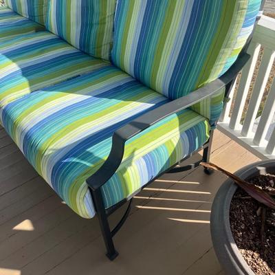 Sale Photo Thumbnail #209: O.W. Lee cast aluminum sofa w/ cushions; approx. 81.5" x 32", 40"H back; good condition