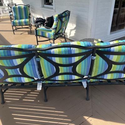 Sale Photo Thumbnail #211: O.W. Lee cast aluminum sofa w/ cushions; approx. 81.5" x 32", 40"H back; good condition