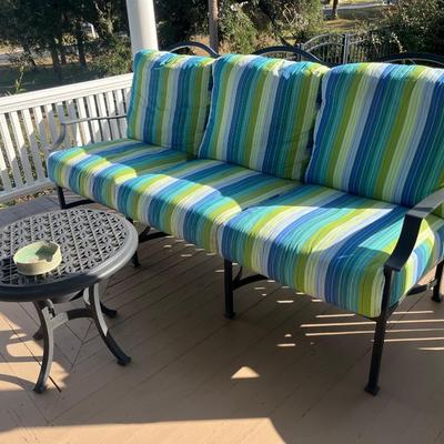 Sale Photo Thumbnail #208: O.W. Lee cast aluminum sofa w/ cushions; approx. 81.5" x 32", 40"H back; good condition