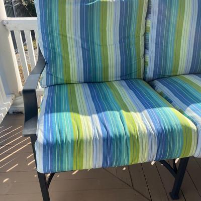 Sale Photo Thumbnail #210: O.W. Lee cast aluminum sofa w/ cushions; approx. 81.5" x 32", 40"H back; good condition