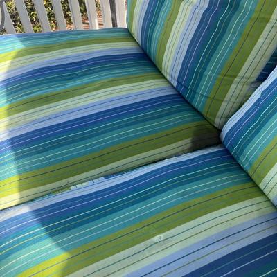 Sale Photo Thumbnail #214: O.W. Lee cast aluminum sofa w/ cushions; approx. 81.5" x 32", 40"H back; good condition