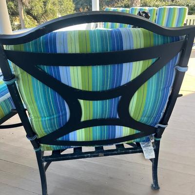 Sale Photo Thumbnail #219: Two O.W. Lee cast aluminum deep arm chairs w/ pair of round end tables; chairs seat 20" w/cushion, 40.5" back x 30" W x 33" deep; tables 21" x 24"; good condition