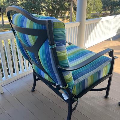 Sale Photo Thumbnail #220: Two O.W. Lee cast aluminum deep arm chairs w/ pair of round end tables; chairs seat 20" w/cushion, 40.5" back x 30" W x 33" deep; tables 21" x 24"; good condition