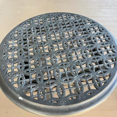 Sale Photo Thumbnail #223: Two O.W. Lee cast aluminum deep arm chairs w/ pair of round end tables; chairs seat 20" w/cushion, 40.5" back x 30" W x 33" deep; tables 21" x 24"; good condition