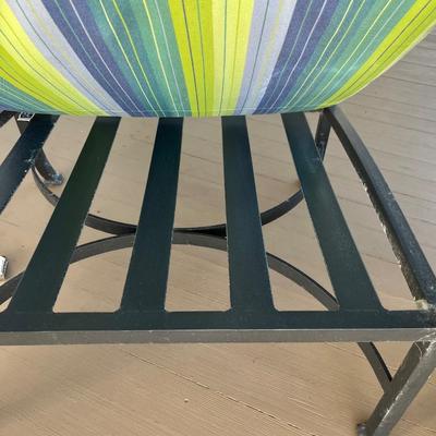 Sale Photo Thumbnail #218: Two O.W. Lee cast aluminum deep arm chairs w/ pair of round end tables; chairs seat 20" w/cushion, 40.5" back x 30" W x 33" deep; tables 21" x 24"; good condition