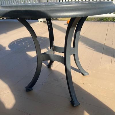 Sale Photo Thumbnail #222: Two O.W. Lee cast aluminum deep arm chairs w/ pair of round end tables; chairs seat 20" w/cushion, 40.5" back x 30" W x 33" deep; tables 21" x 24"; good condition