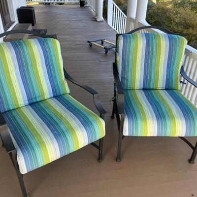 Sale Photo Thumbnail #215: Two O.W. Lee cast aluminum deep arm chairs w/ pair of round end tables; chairs seat 20" w/cushion, 40.5" back x 30" W x 33" deep; tables 21" x 24"; good condition