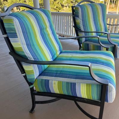 Sale Photo Thumbnail #216: Two O.W. Lee cast aluminum deep arm chairs w/ pair of round end tables; chairs seat 20" w/cushion, 40.5" back x 30" W x 33" deep; tables 21" x 24"; good condition