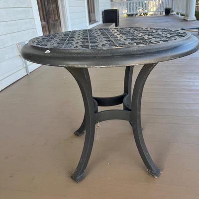 Sale Photo Thumbnail #221: Two O.W. Lee cast aluminum deep arm chairs w/ pair of round end tables; chairs seat 20" w/cushion, 40.5" back x 30" W x 33" deep; tables 21" x 24"; good condition