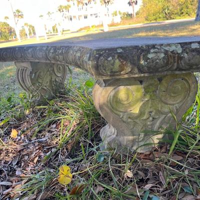 Sale Photo Thumbnail #230: Concrete round garden table w/ two benches; table 26" x 42"; benches 17" x 51" x 17" ea.
