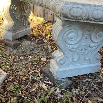 Sale Photo Thumbnail #232: Concrete round garden table w/ two benches; table 26" x 42"; benches 17" x 51" x 17" ea.