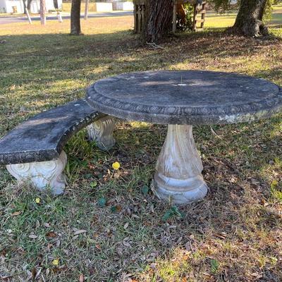 Sale Photo Thumbnail #224: Concrete round garden table w/ two benches; table 26" x 42"; benches 17" x 51" x 17" ea.
