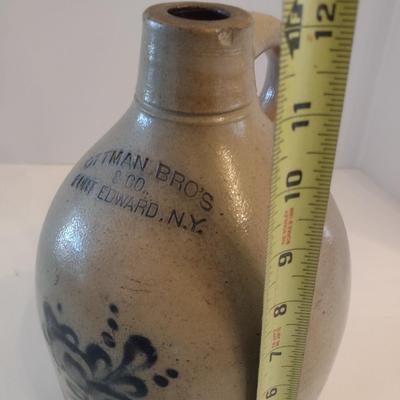 Antique Ottman Bro's & Co. Salt Glaze Pottery Jug with Cobalt Blue Foliate Motif Fort Edward, NY