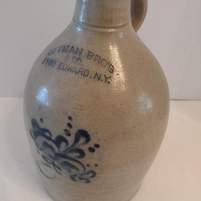Antique Ottman Bro's & Co. Salt Glaze Pottery Jug with Cobalt Blue Foliate Motif Fort Edward, NY