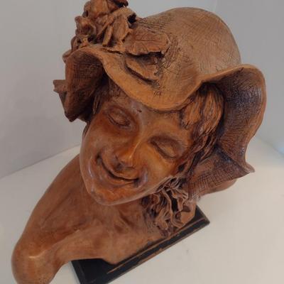 Large Beth Gore Clay Pottery Bust Sculpture of Girl in Bonnett Rodin Inspiration 1981