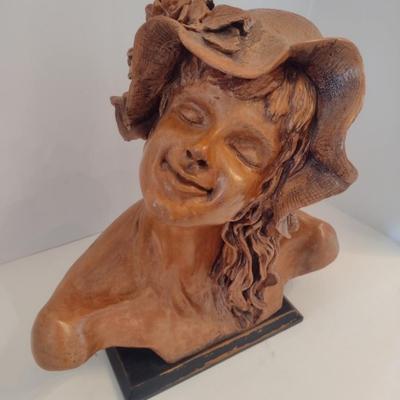 Large Beth Gore Clay Pottery Bust Sculpture of Girl in Bonnett Rodin Inspiration 1981