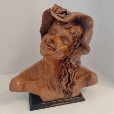 Large Beth Gore Clay Pottery Bust Sculpture of Girl in Bonnett Rodin Inspiration 1981