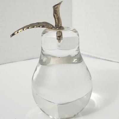 Clear Glass Pear Figurine With Metal Stem Vintage Style Fruit Paperweight Home Decor Accent