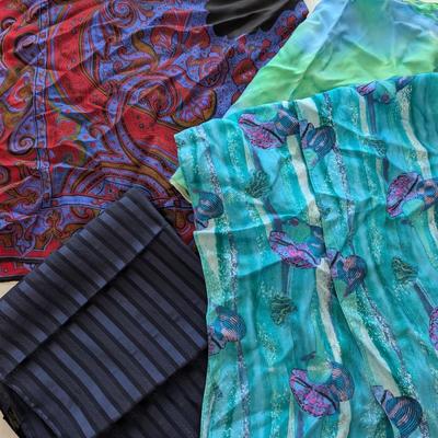 Lot of Four Blue Themed Scarves Mix of Silk and Polyester Colorful Vintage Prints