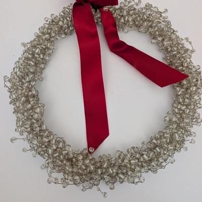 Set Of 3 Beaded Holiday Wreaths With Red Ribbon Bows Green Clear Red