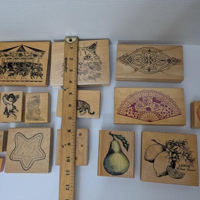 Vintage Rubber Stamp Lot Carousel Cat Fruit Angels Fan Tiger Decorative Craft Stamps
