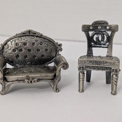 Vintage Pewter Place Card Holders Miniature Sofa and Chair Set Ornate Victorian Style