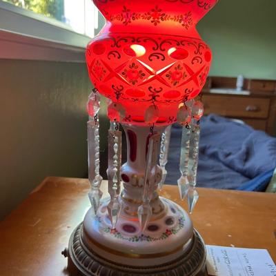 Victorian Glass lamp Bohemian Overlay Cranberry Mantle Lustres