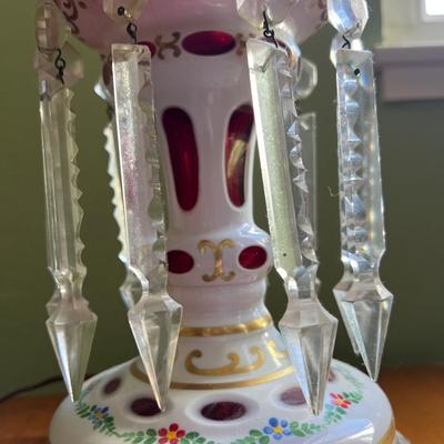 Victorian Glass lamp Bohemian Overlay Cranberry Mantle Lustres