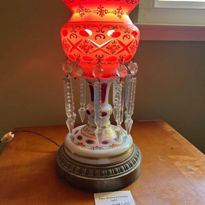 Victorian Glass lamp Bohemian Overlay Cranberry Mantle Lustres