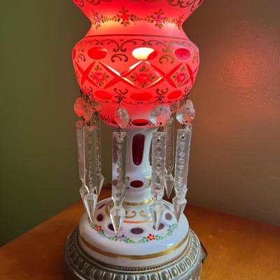 Victorian Glass lamp Bohemian Overlay Cranberry Mantle Lustres