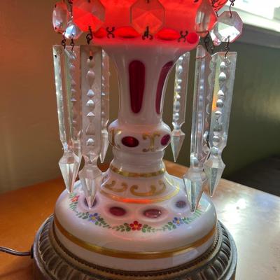 Victorian Glass lamp Bohemian Overlay Cranberry Mantle Lustres