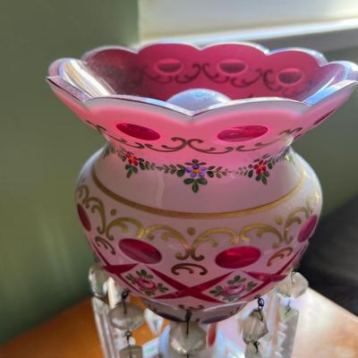 Victorian Glass lamp Bohemian Overlay Cranberry Mantle Lustres
