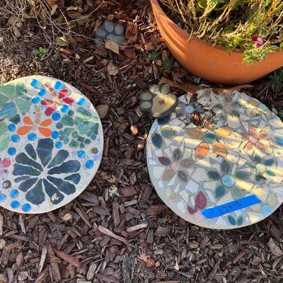 Planters With live Plants and Mosaic Stepping Stones