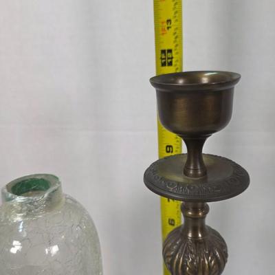 Vintage Brass Candlestick with Crackle Glass Hurricane Shade – Ornate Lacquered Indian Brass Accent