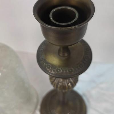 Vintage Brass Candlestick with Crackle Glass Hurricane Shade – Ornate Lacquered Indian Brass Accent