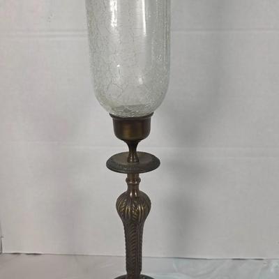 Vintage Brass Candlestick with Crackle Glass Hurricane Shade – Ornate Lacquered Indian Brass Accent