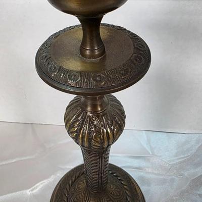 Vintage Brass Candlestick with Crackle Glass Hurricane Shade – Ornate Lacquered Indian Brass Accent