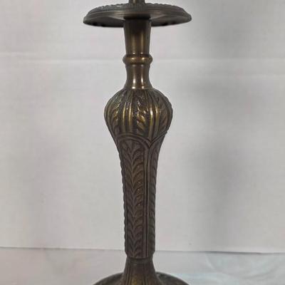 Vintage Brass Candlestick with Crackle Glass Hurricane Shade – Ornate Lacquered Indian Brass Accent