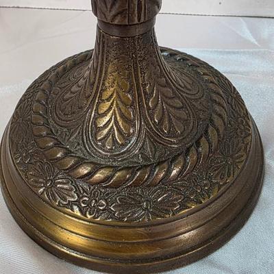 Vintage Brass Candlestick with Crackle Glass Hurricane Shade – Ornate Lacquered Indian Brass Accent